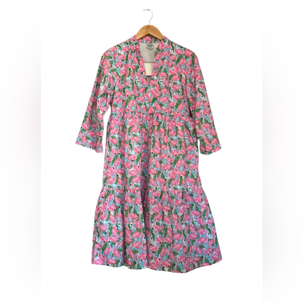 NWT Novelty Print Flamingo Vneck Tiered Lined Dress Summer Preppy Size Medium
